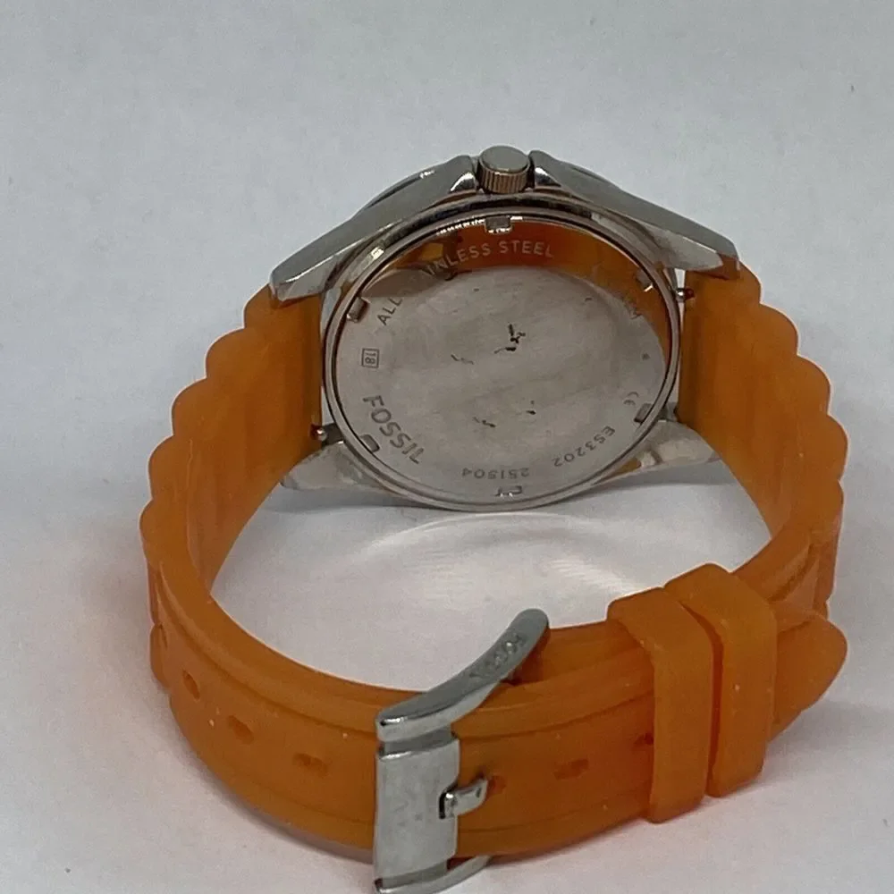 Fossil ES3202 Women Orange Rubber Analog Silver Dial Quartz Genuine Watch HK1018